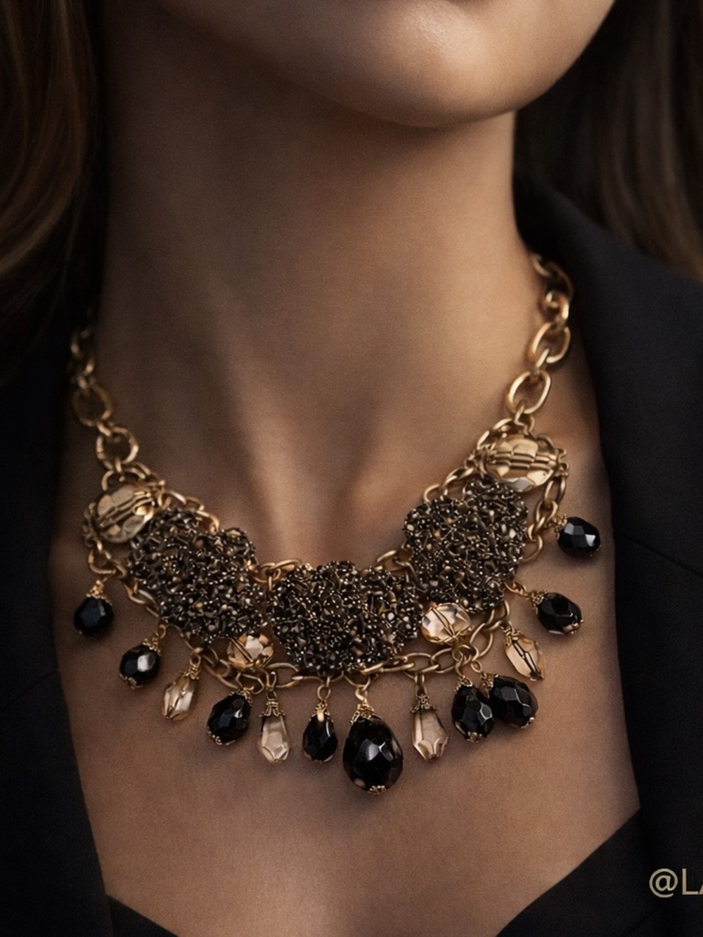 Black & Gold Statement Necklace | Vintage Glam Fringe Bib Choker